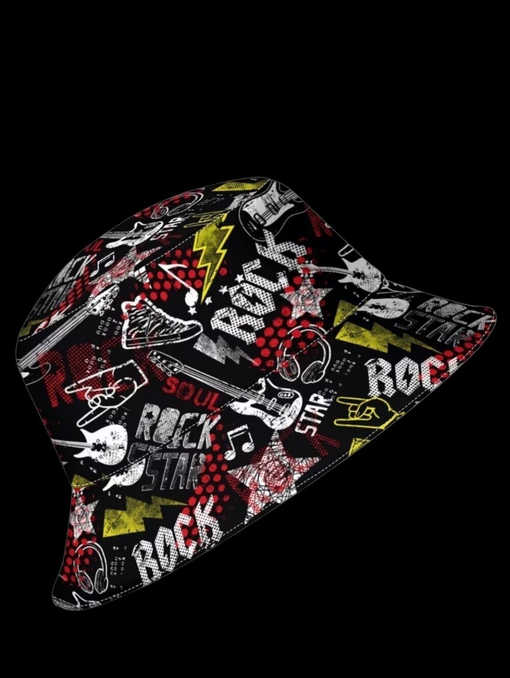 Rock-Print Bucket Hat - Black/Red Unisex 22"/23" - Picture 3 of 5